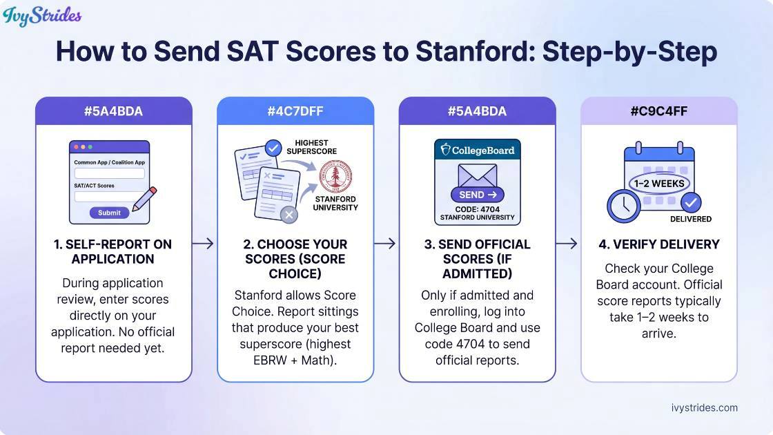 Infographic detailing the steps to send SAT scores to Stanford University