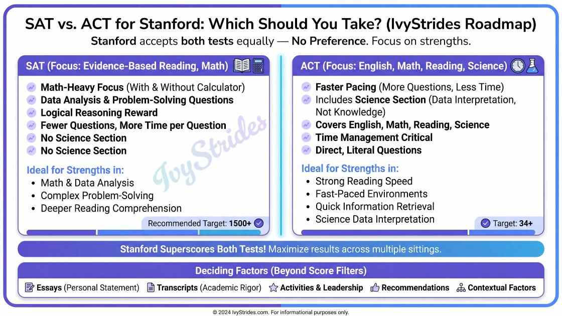 Comparative infographic showcasing SAT and ACT strengths for Stanford applicants.