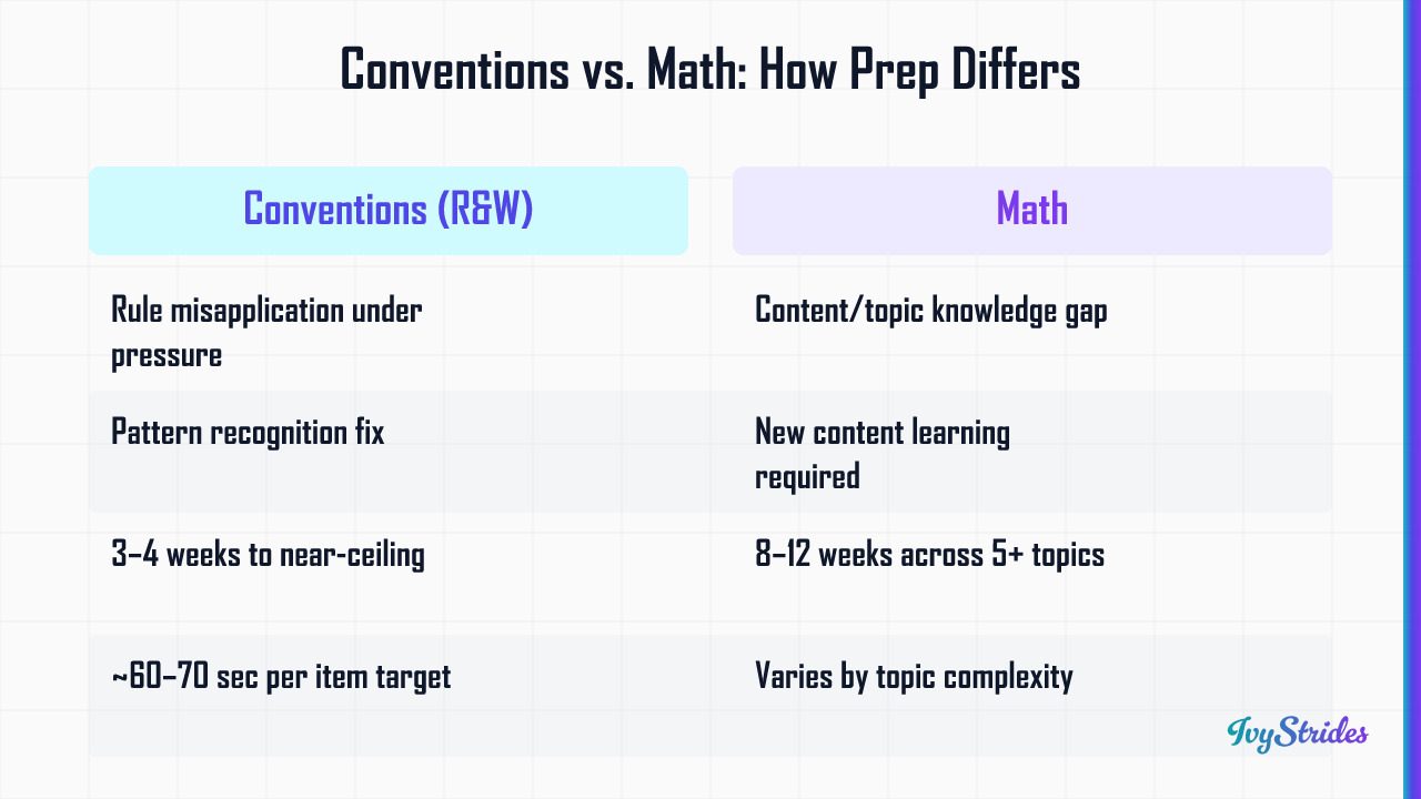 Comparison table contrasting SAT Conventions prep approach versus Math prep in error type, fix strategy, and timeline