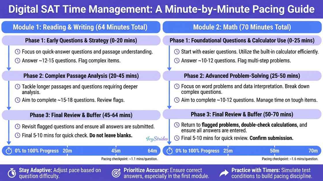 Digital SAT Time Management pacing guide for Reading, Writing, and Math modules.
