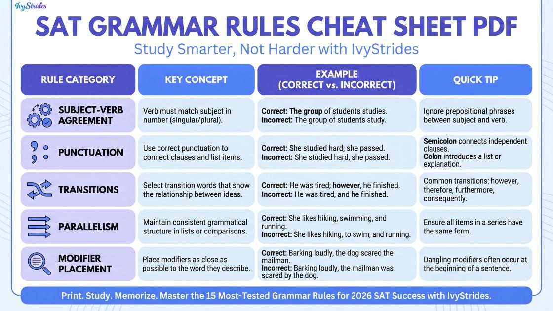 SAT Grammar Rules Cheat Sheet with key concepts and examples.