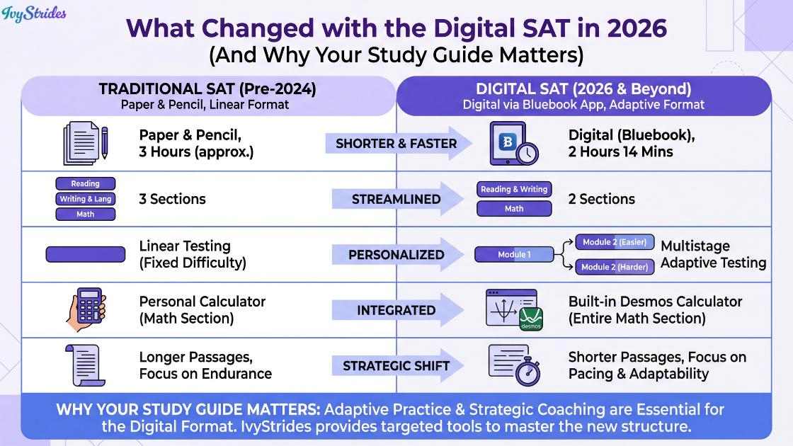 Comparison of Traditional SAT and Digital SAT changes in 2026.