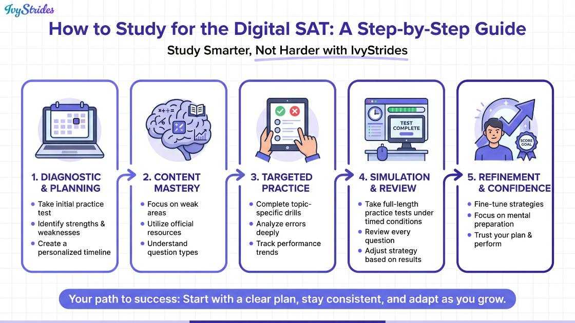 Infographic detailing steps to study for the Digital SAT.