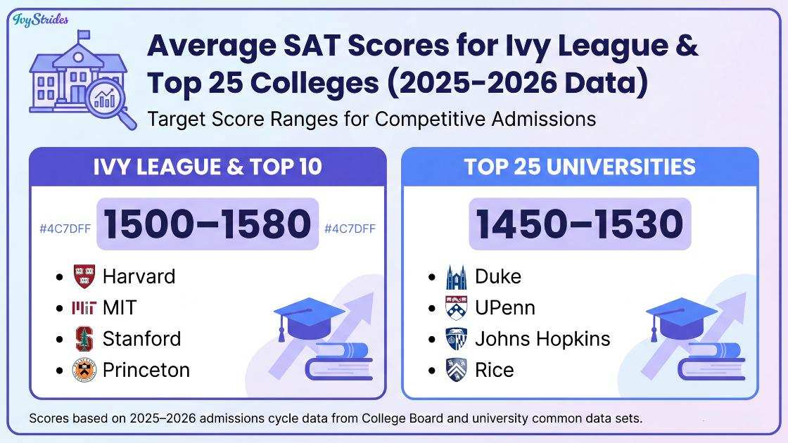 Infographic showing average SAT scores for Ivy League and top 25 colleges.