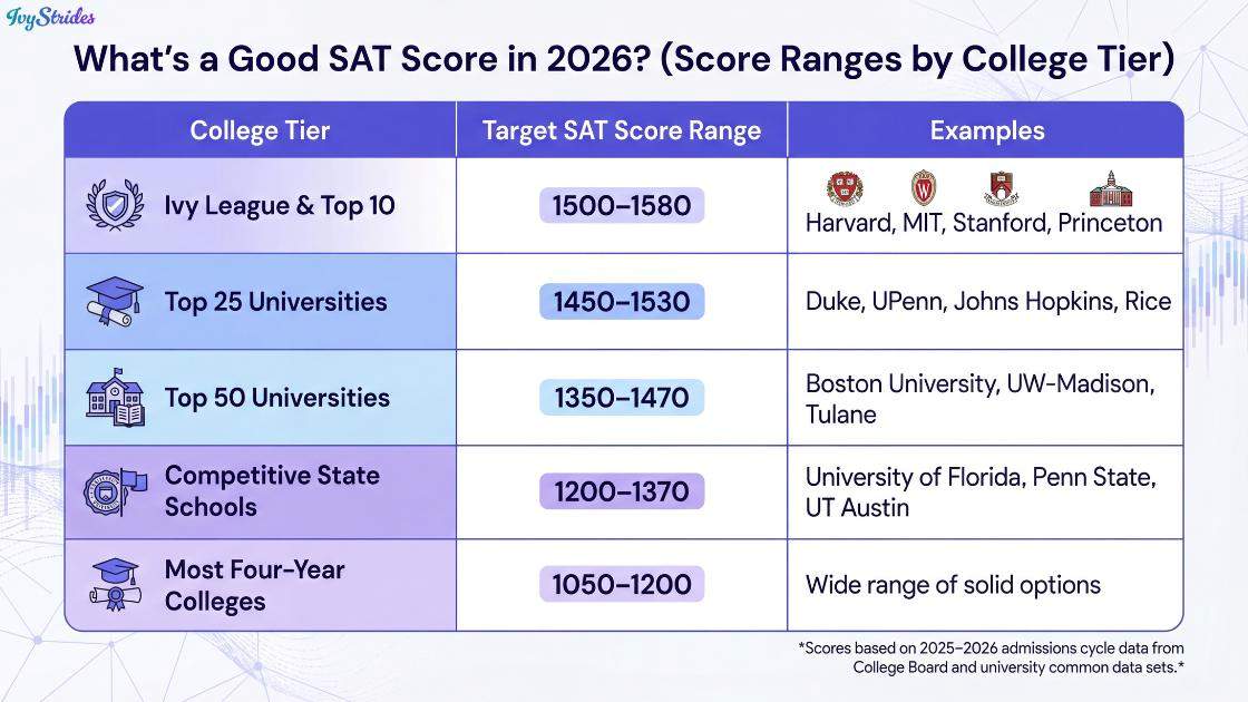 Table showing SAT score ranges by college tier for 2026 admissions.