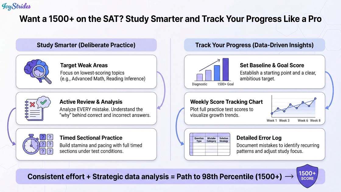 Infographic illustrating effective SAT study strategies for achieving a 1500+ score