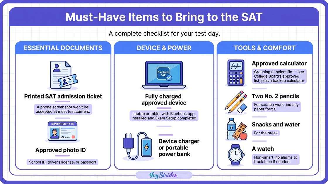 Infographic showcasing essential items to bring for the SAT exam, including a calculator, ID, and snacks.
