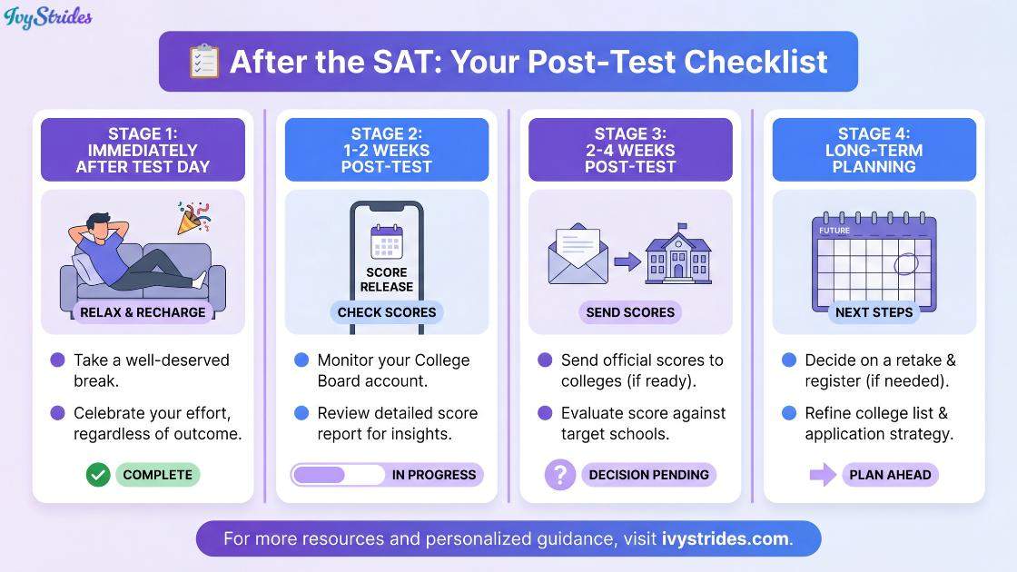 Infographic detailing essential post-SAT action items and timelines.