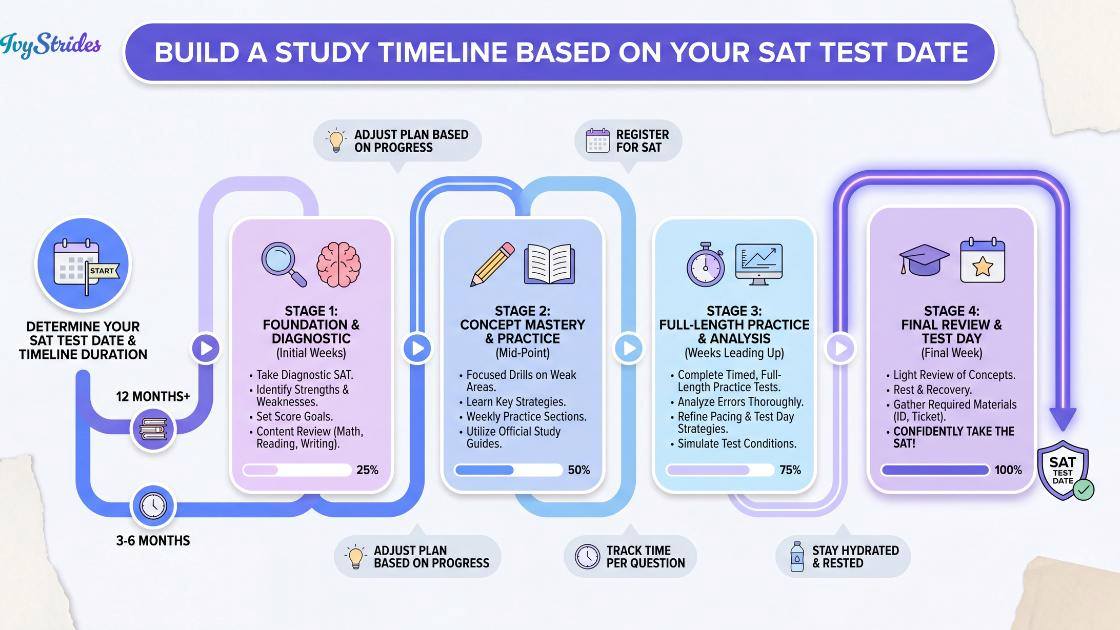 Colorful study timeline infographic for SAT preparation with key milestones and deadlines.
