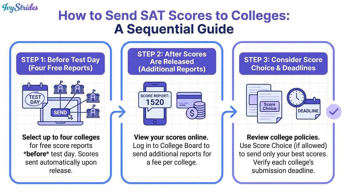 Infographic detailing steps to send SAT scores to colleges, featuring clear visuals and process flow.