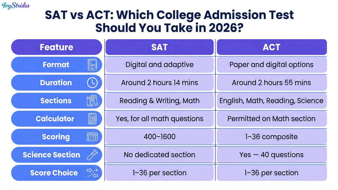 Comparative infographic showcasing SAT and ACT features for 2026 college admissions.