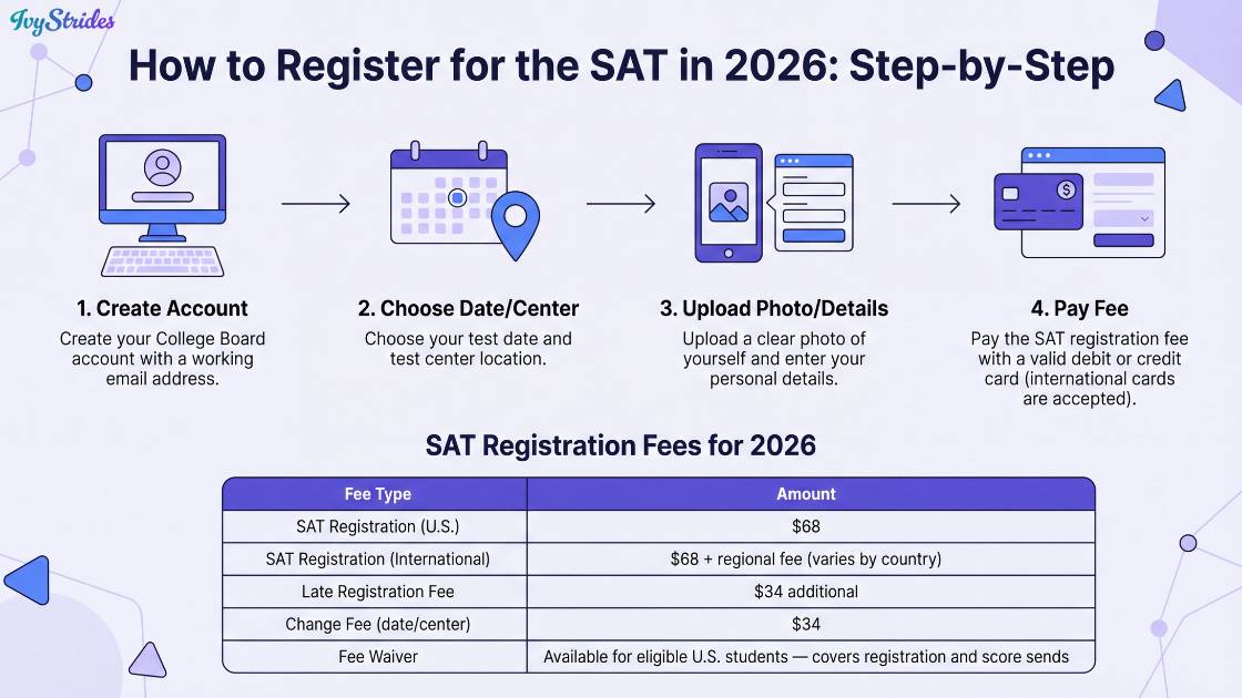 Step-by-step infographic illustrating the SAT registration process for 2026.