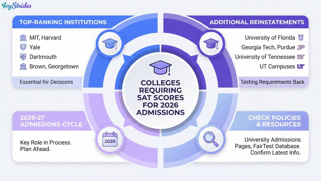 Infographic detailing colleges that require SAT scores in 2026, showcasing key institutions and policies.