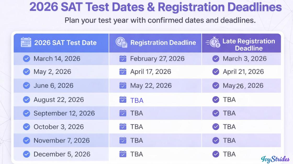 Infographic detailing 2026 SAT test dates and registration deadlines for students planning ahead.