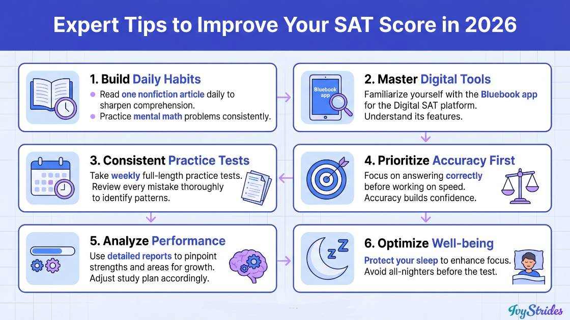 Infographic showcasing effective strategies to boost SAT scores in 2026.
