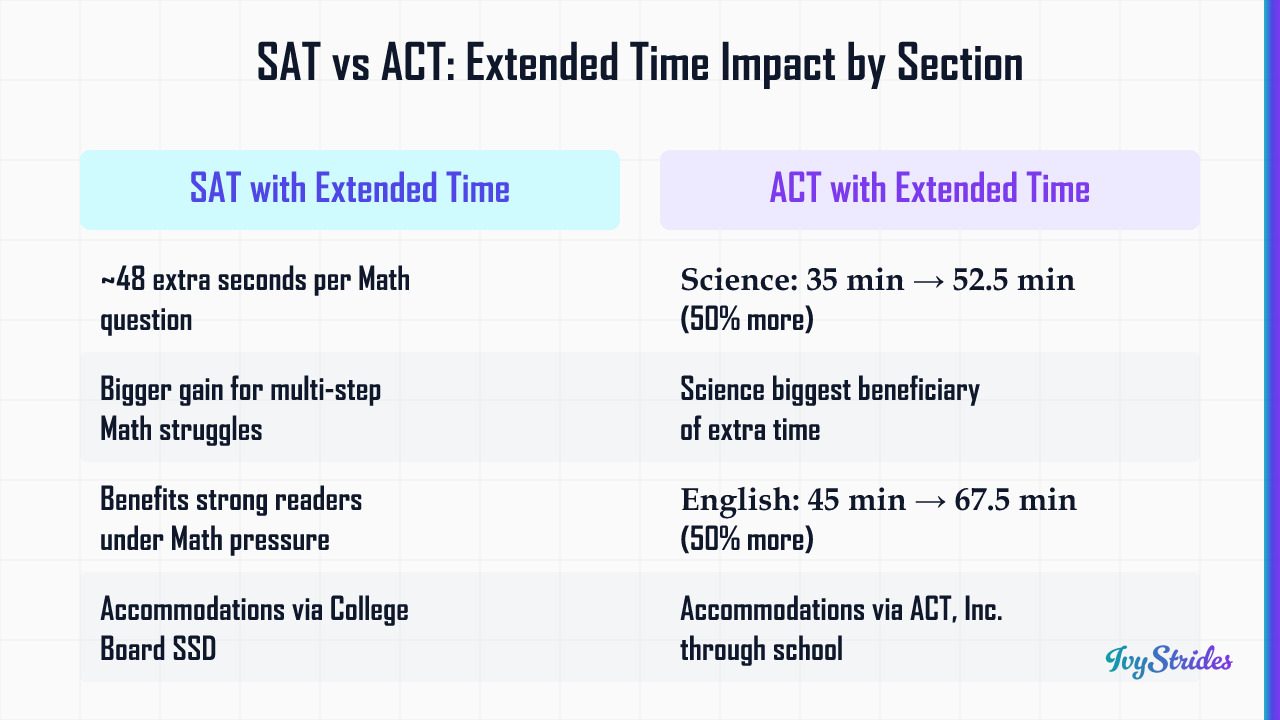 Comparison table showing how SAT vs ACT extended time accommodations affect specific test sections and student profiles