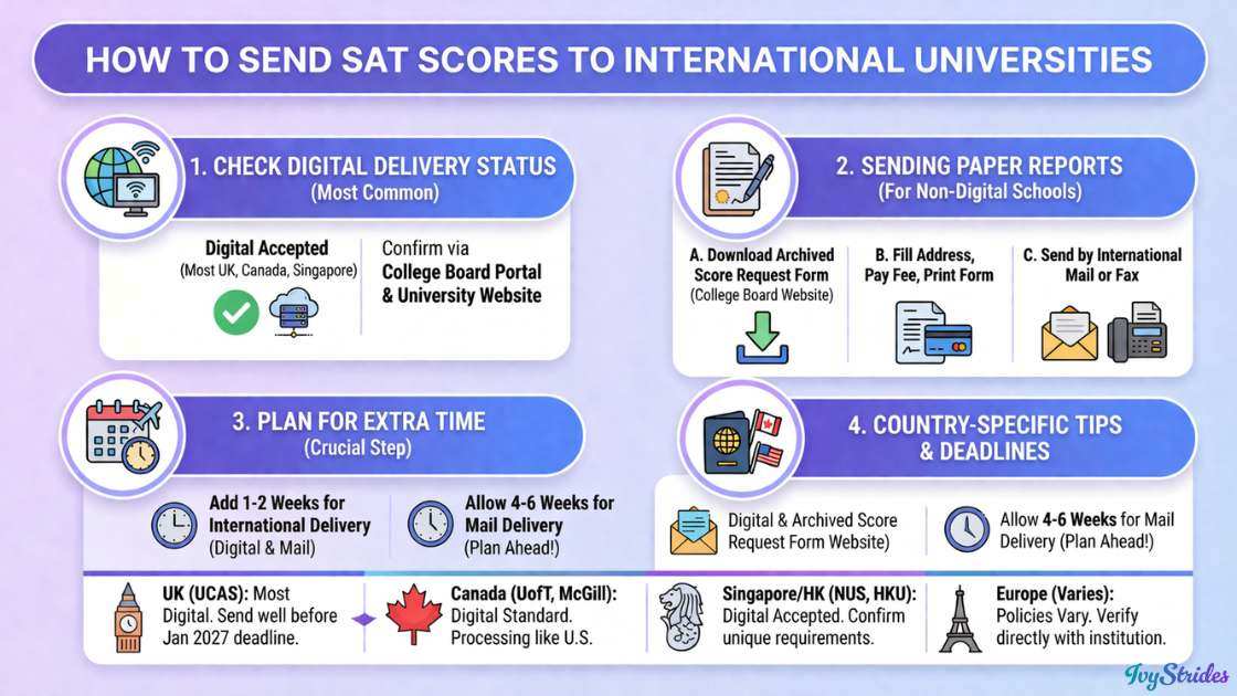 Infographic on sending SAT scores to international universities with steps and tips.