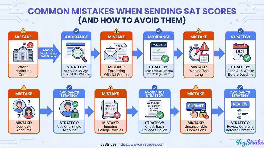 Infographic on common mistakes when sending SAT scores and how to avoid them.
