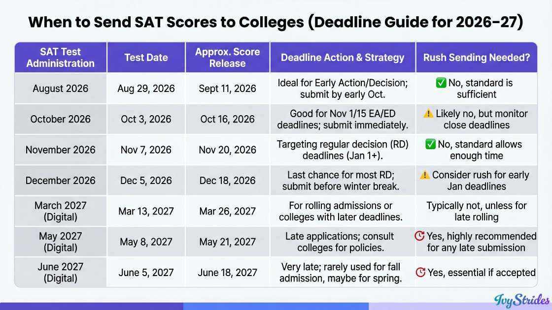 Table of SAT test dates and score submission deadlines for 2026-27.