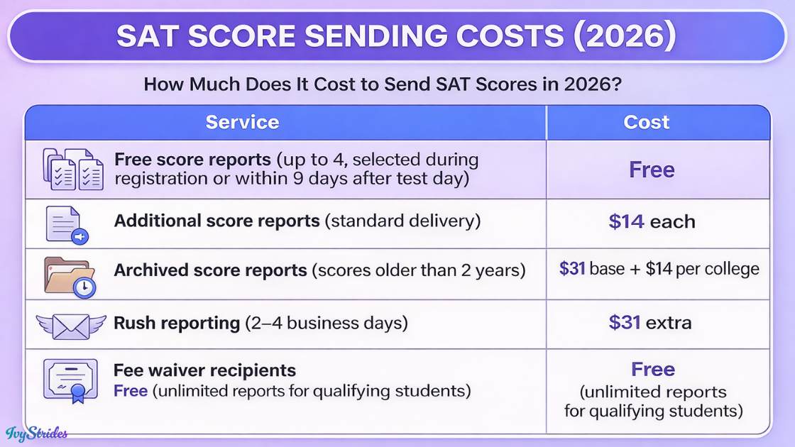 Table of SAT score sending costs for 2026.