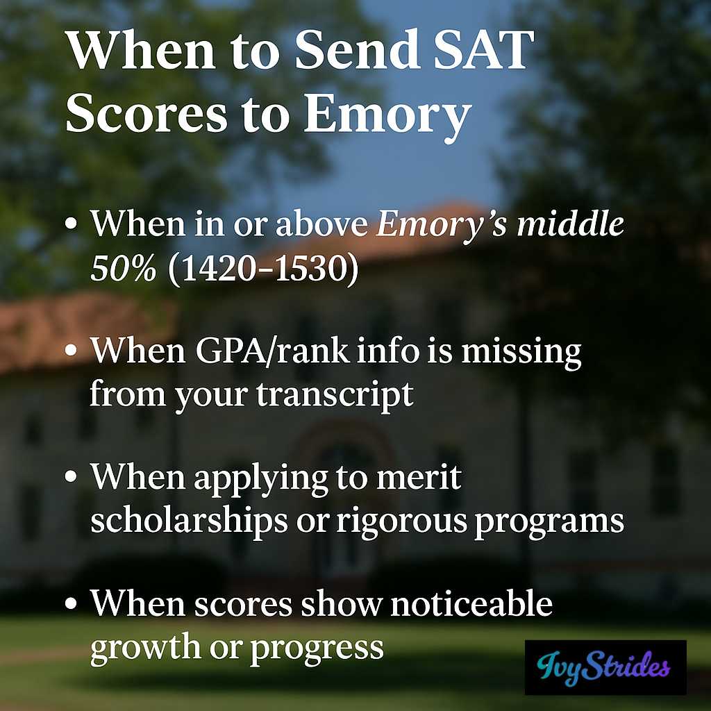 A guide explaining ideal time to send SAT scores to Emory University, based on score ranges, scholarships, and growth trends.