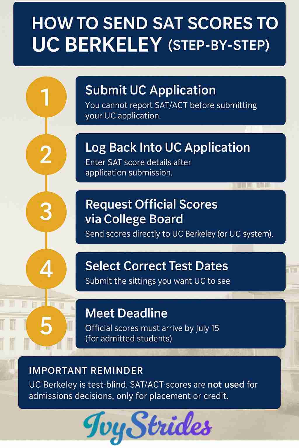 Infographic showing how to send SAT scores to UC Berkeley, including application steps, College Board process, and deadlines.