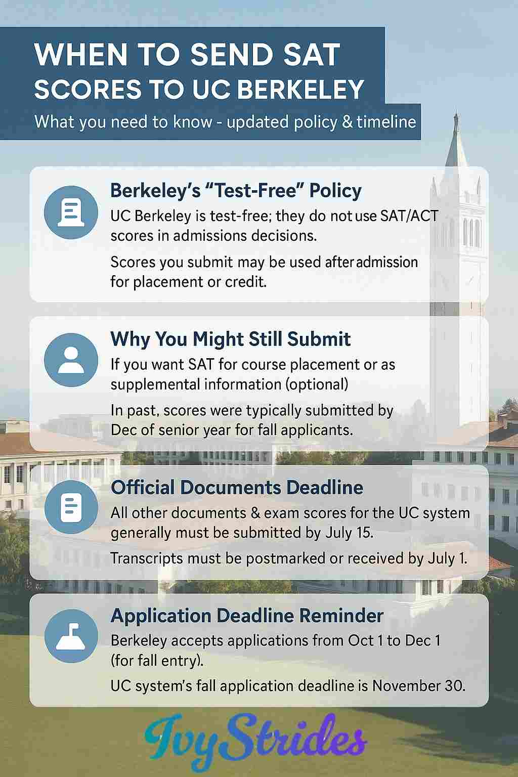 Infographic showing when to send SAT scores to UC Berkeley, covering test-free policy, and key document deadlines.