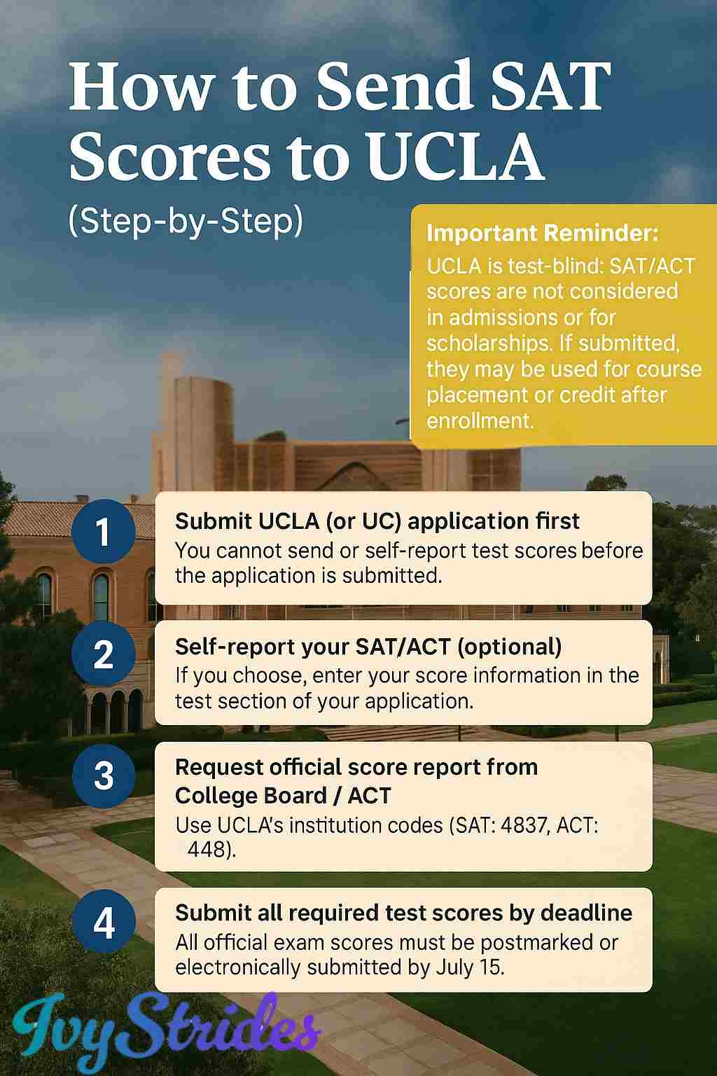 Guidelines on how to send SAT scores to UCLA, showing key steps, and UCLA’s test-blind reminder over a campus backdrop.