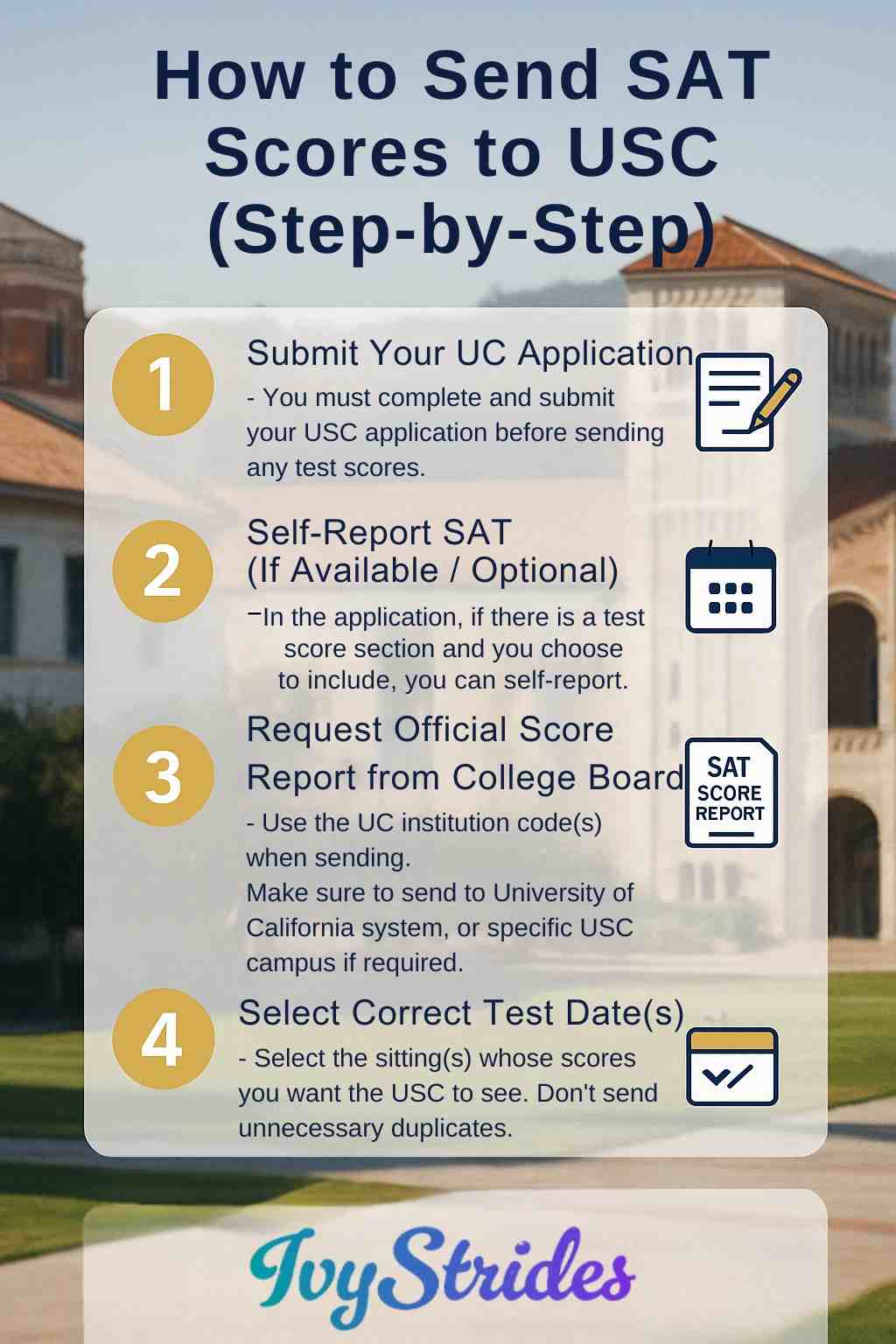Infographic outlining 4 steps to send SAT scores to USC, includes account login, submitting scores, and selecting test dates.