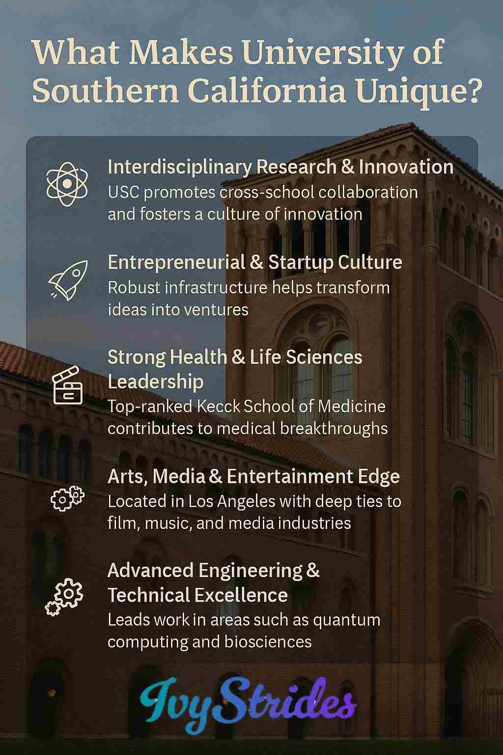 Infographic showing USC’s strengths, including research, startup culture, arts, media influence, and engineering excellence.