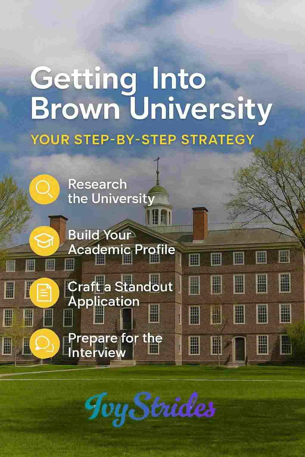 Guide shows steps like research, academics, standout application, and interview prep for applying to Brown University.
