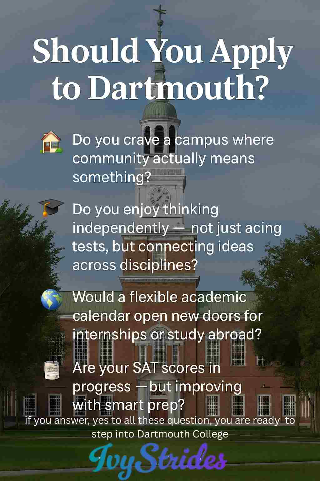 Dartmouth graphic with Baker Tower background, listing fit-based prompts to help students assess whether to apply to college.