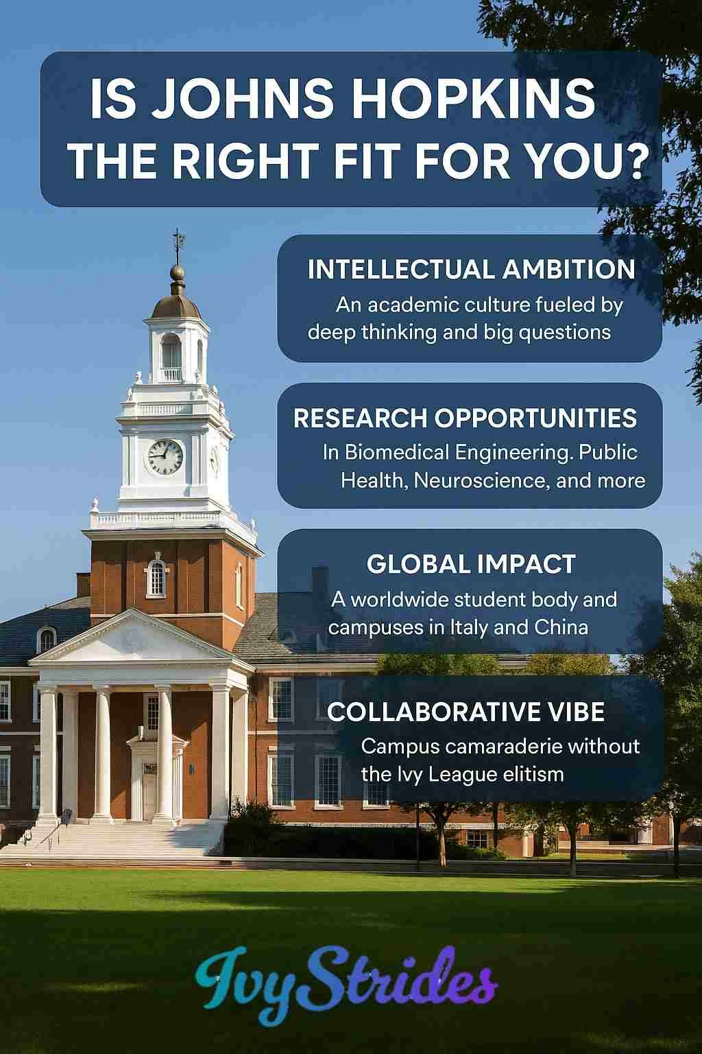Campus lawn and clocktower at Johns Hopkins University; text highlighting intellectual ambition, research & collaboration.
