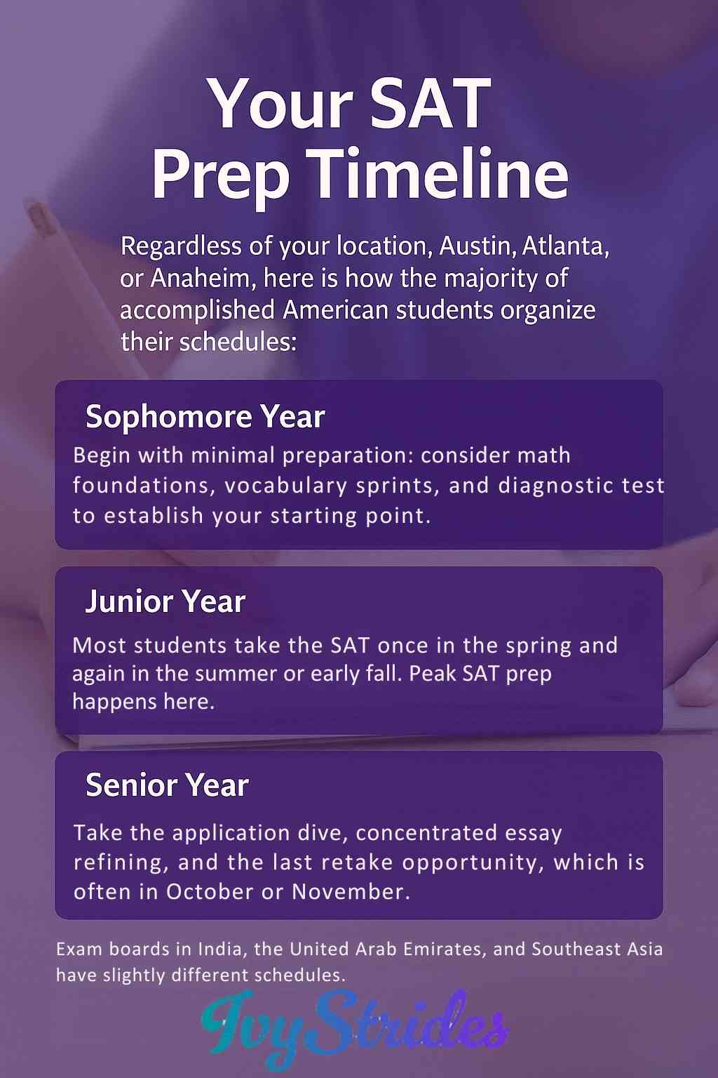 Graphic outlines SAT prep steps from sophomore to senior year, signaling early foundations, junior-year peak prep, & finals.
