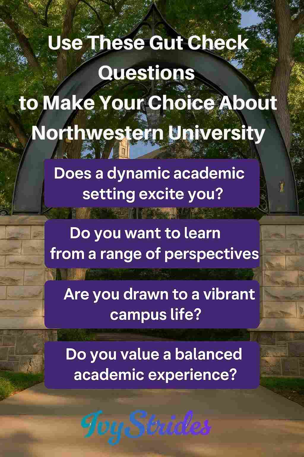 Northwestern campus arch with text prompts guiding students to assess values, campus life, and academic fit before applying.