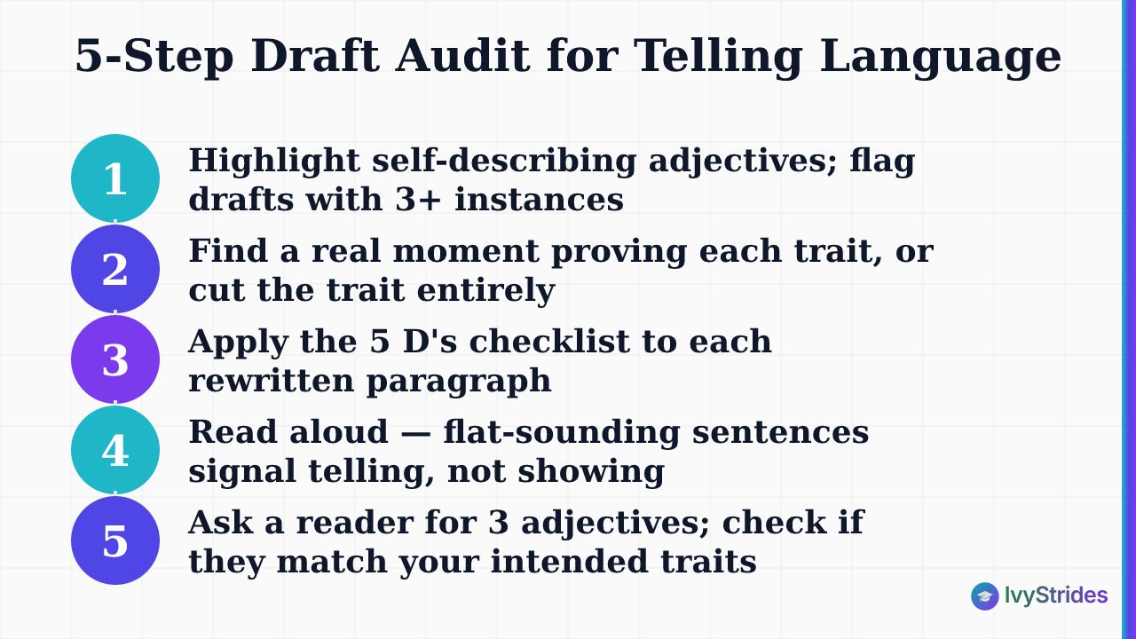 5-step process to audit a college essay draft for telling language and replace it with showing