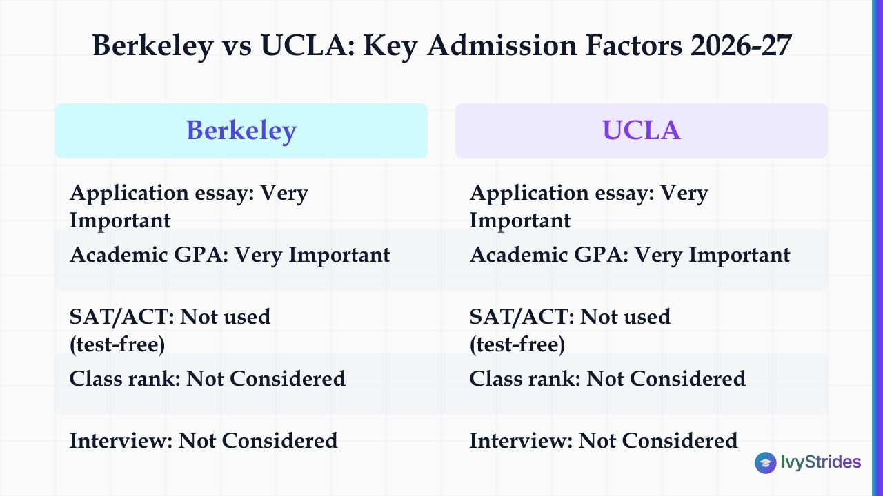 Comparison table of Berkeley vs UCLA admission factors for 2026-27, showing essays rated Very Important and SAT/ACT not used 