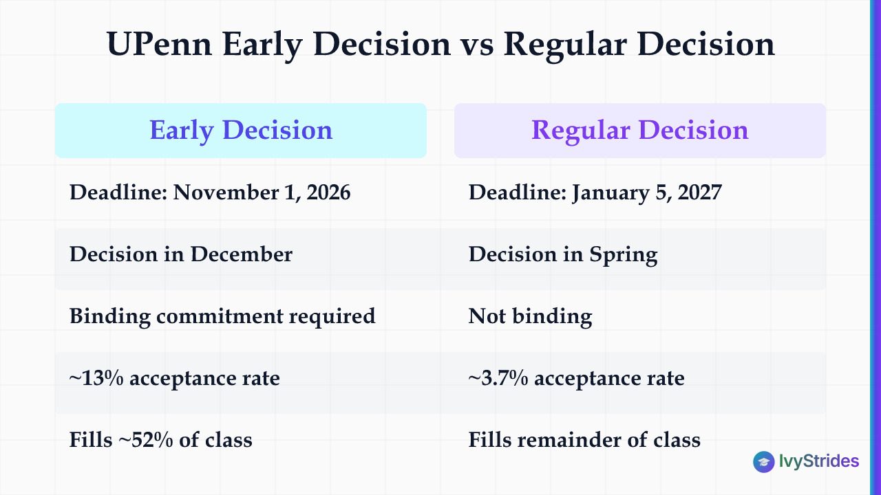 Comparison table of UPenn Early Decision vs Regular Decision showing deadlines, decisions, binding status, acceptance rates, 