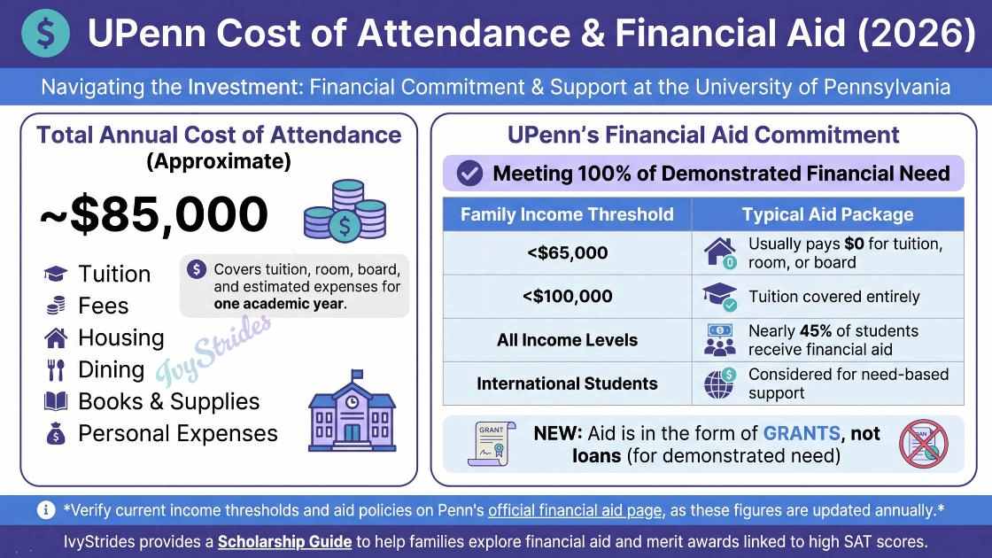 Infographic detailing UPenn's cost of attendance and financial aid options for prospective students