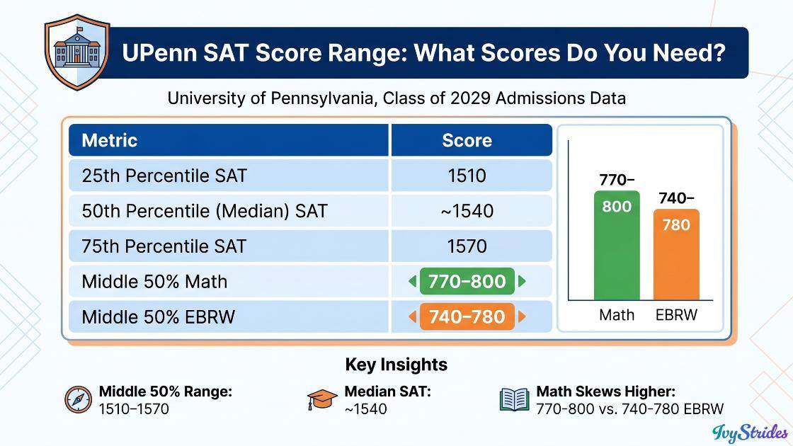 Infographic displaying UPenn SAT score ranges for prospective applicants in a clear format.