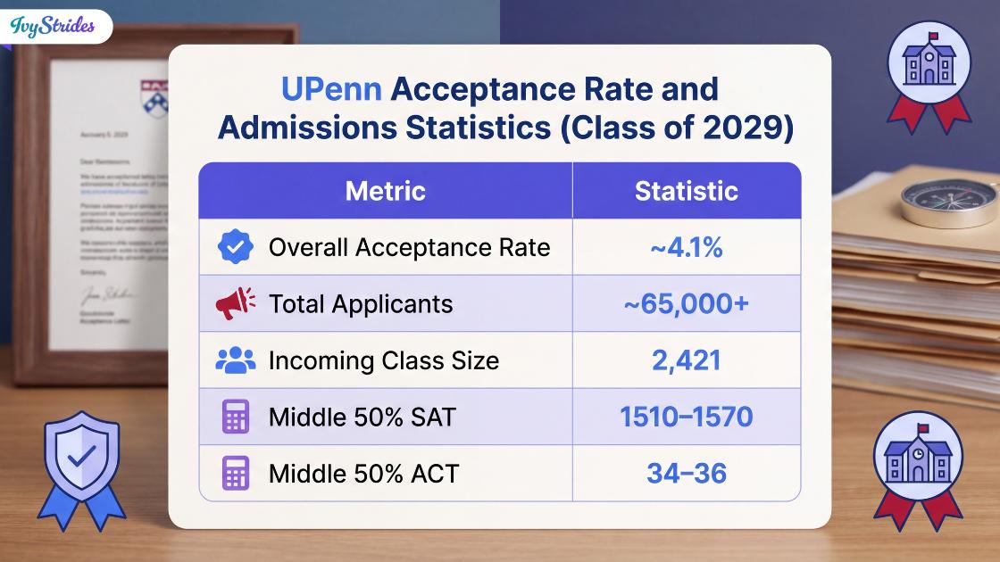 Infographic depicting UPenn's Class of 2029 acceptance rates and admissions statistics
