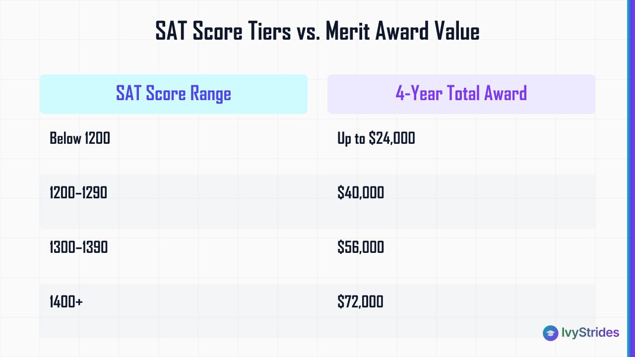 Comparison table showing SAT score ranges versus 4-year merit award totals, illustrating hard cutoff thresholds from $0 to $7