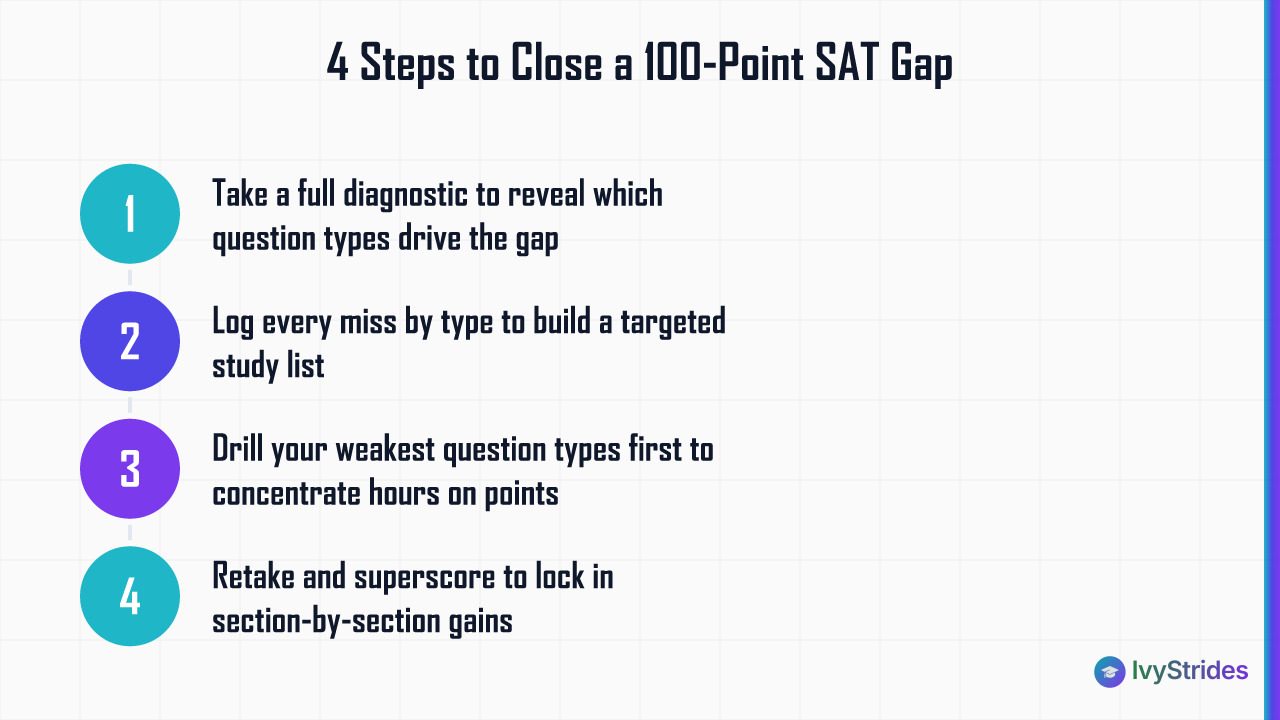 4-step process to close a 100-point SAT gap: diagnostic, error log, targeted drilling, retake and superscore