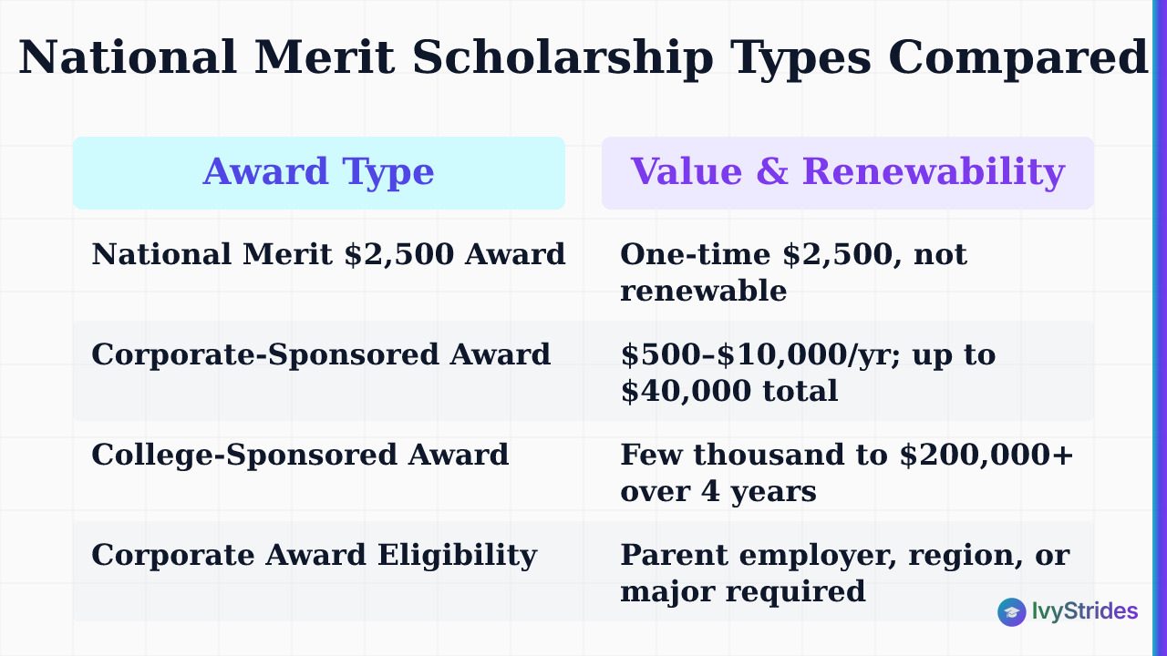Comparison table of National Merit scholarship types showing award amounts, renewability, and eligibility requirements for ea