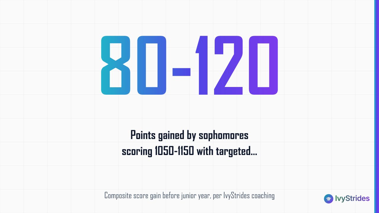 Stat callout showing 80-120 point PSAT score improvement for sophomores with targeted section prep