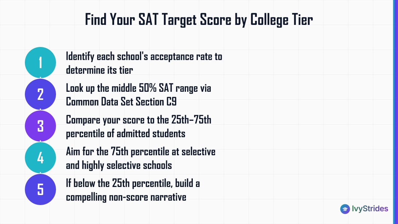 5-step process for finding your SAT target score by college tier using Common Data Set percentile ranges