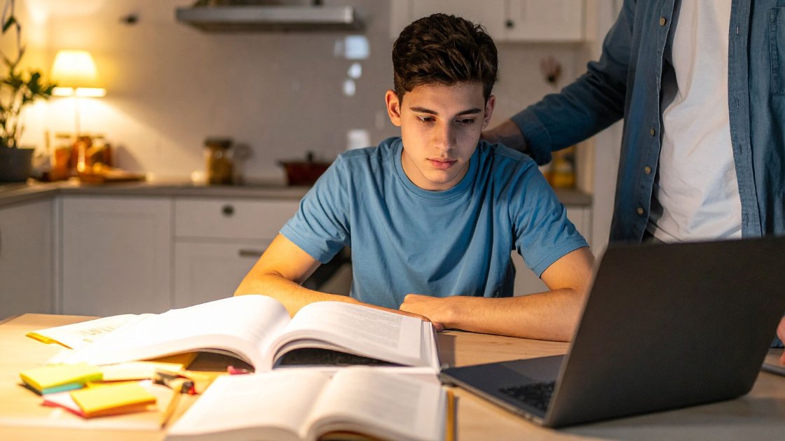 Student studying while waiting for SAT score day results, representing emotions and expectations of morning versus evening.