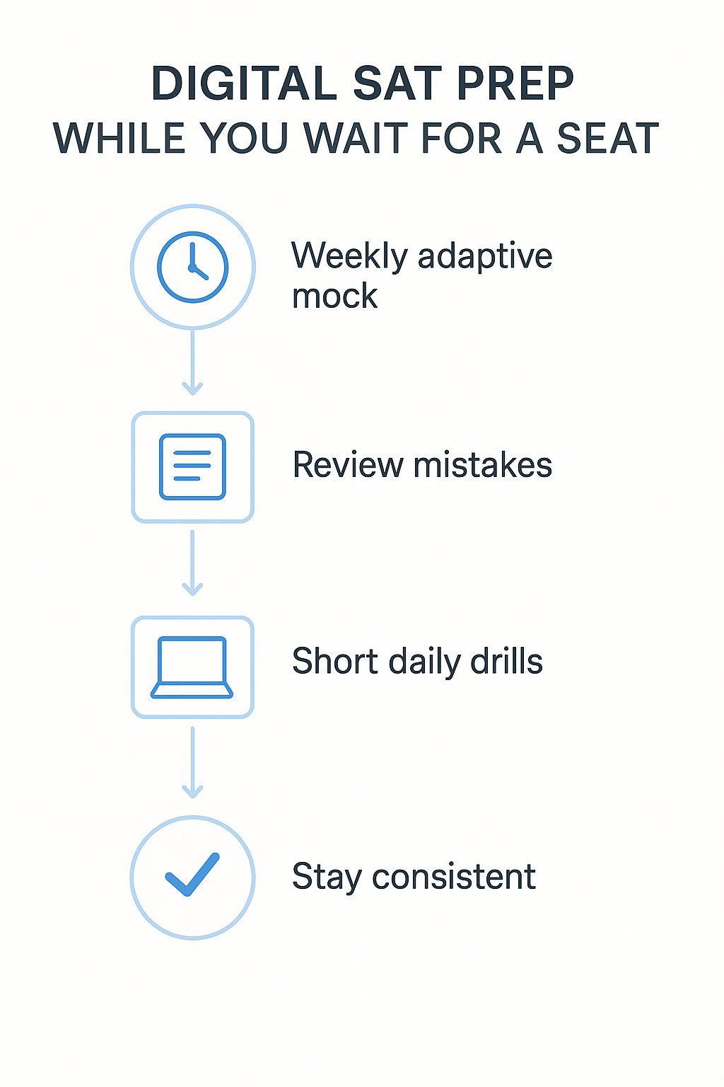 A visual “Quick Digital SAT 2026 Prep Tips While You Wait for a Seat” showing weekly mock tests, review steps, & consistency.