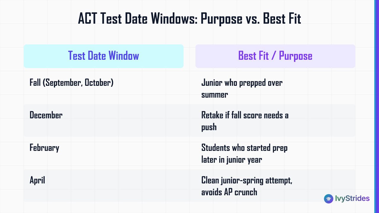 Comparison table of ACT test date windows from fall to summer showing the best student fit for each sitting period