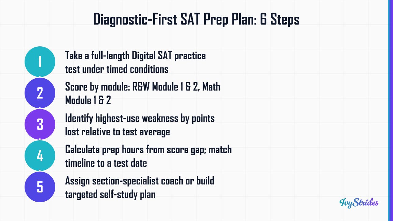 6-step diagnostic-first SAT prep plan: practice test, module scoring, weakness ID, hour calculation, specialist coaching, spa